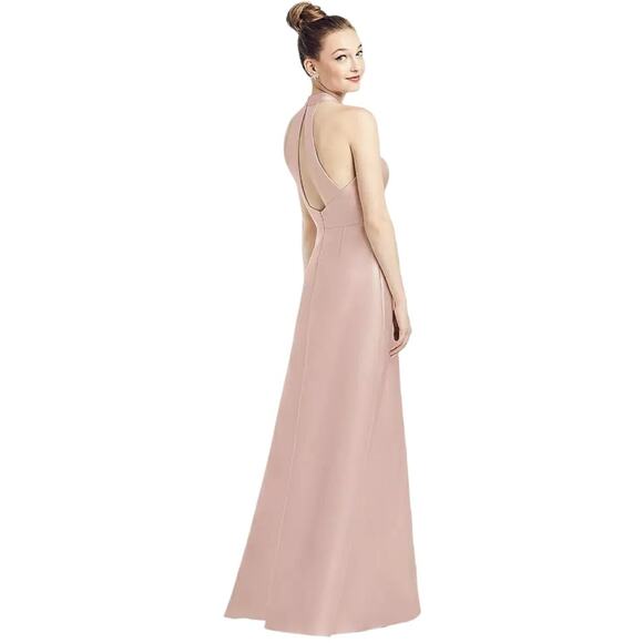 Alfred Sung D772 Toasted Sugar High Neck Cutout Back Satin Pockets Maxi Dress 2 - Picture 6 of 7